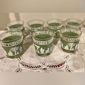 Vintage Jeannette Hellenic Green Wedgwood Set Of 7 Rocks Glasses 3-3/8” Tall 7oz
